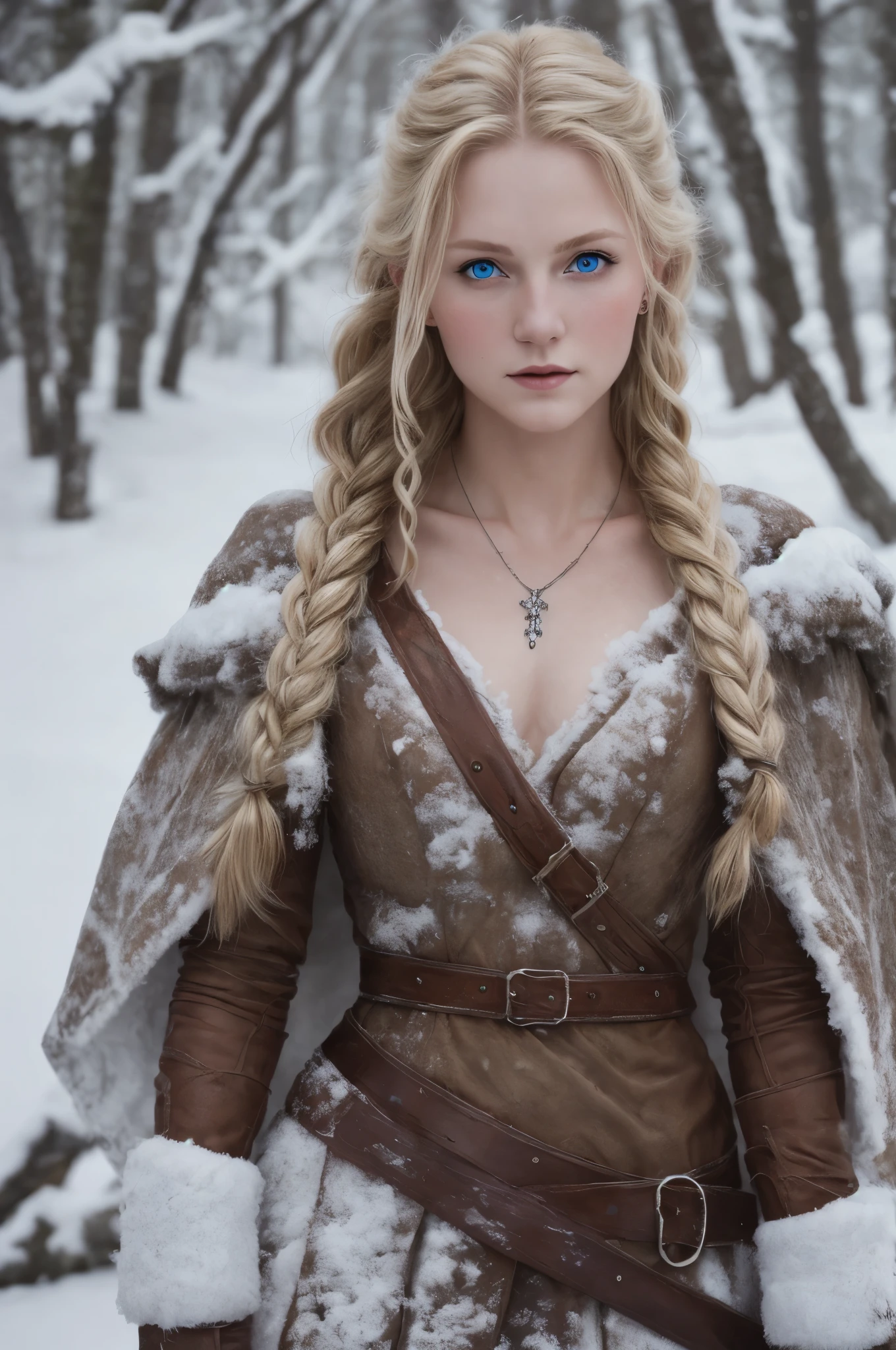(Realisttic:1.2), analog photo style, female nordic warrior, fantasy snowy setting, braided blonde hair, full body, soft natural light, cute and sexy, pleasure, detailed face and blue eyes, great quality, Masterpiece, detailed northern background, 16k quality, RAW photo