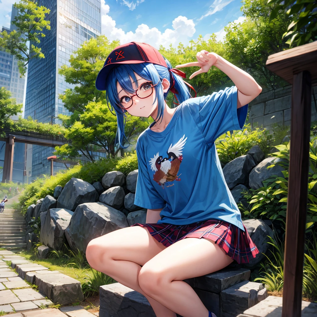 blue hair、Red-blonde、blue eyeraid、ponytail、one good looking girl、solo、anime、Plaid miniskirt、black t-shirt、camisole、forest、sitting、Wearing a plaid baseball cap、Tilting your face、Doing the ribbon、sunset sky、stone bridge、stone stairs、petal、A small bird  flying、big tree、tunnel、Bang、stretching one&#39;s back、Fallen leaveixing glasses、Overlooking view
