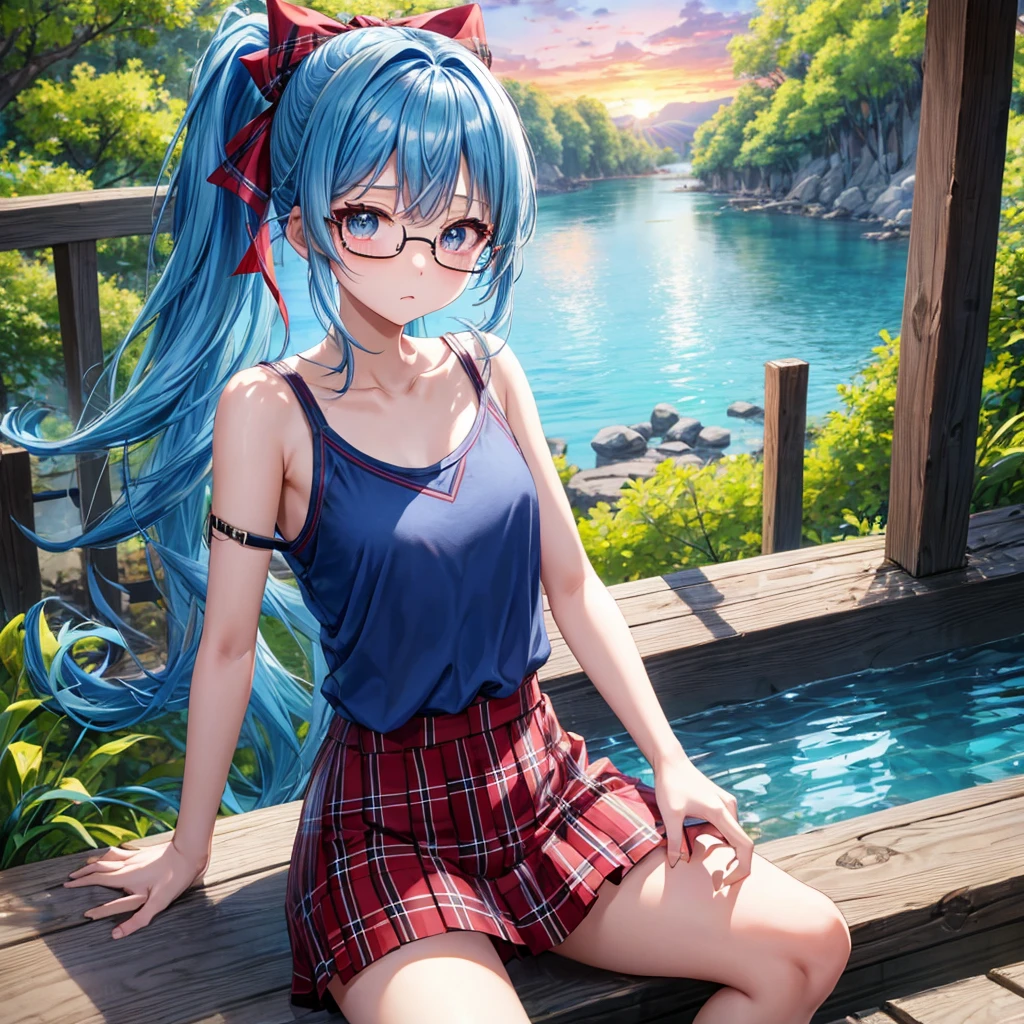 blue hair、Red-blonde、blue eyeraid、ponytail、one good looking girl、solo、anime、Plaid miniskirt、black t-shirt、camisole、forest、sitting、Wearing a plaid baseball cap、Tilting your face、Doing the ribbon、sunset sky、stone bridge、stone stairs、petal、A small bird  flying、big tree、tunnel、Bang、stretching one&#39;s back、Fallen leaveixing glasses、Overlooking view