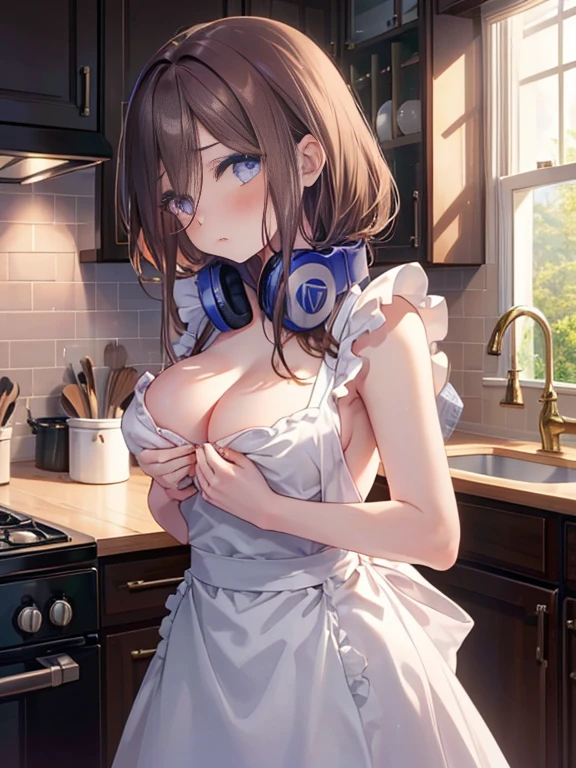 masterpiece, highest quality, 1 girl, (whole body), Miku, (brown hair), shy, (long eyelashes beautiful makeup), naked apron,indoor,kitchen,blush,Hold your chest between your arms to create a cleavage,slouch,peek from below
