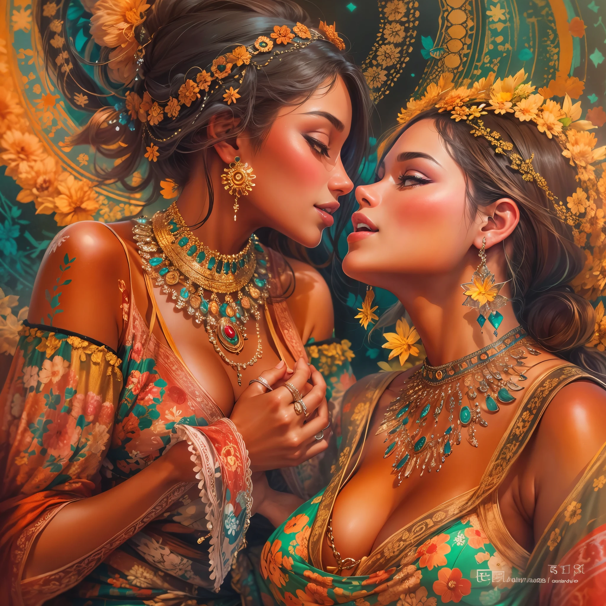 Duas mulheres ciganas, nuas, lesbians, evento de orgias, beijos na boca, cores vibrantes, intricate patterns, gold jewelry, Olhos e gestos expressivos, lively and energetic atmosphere, Festive celebrations, ambiente ao ar livre, luz solar quente, efeito bokeh, oil painting, detalhes de alta qualidade, cores vivas e saturadas