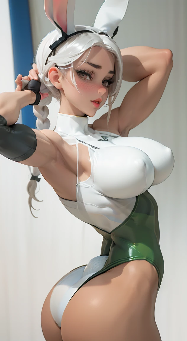 highres, realistic 1girl, (like Tatiana Badiu & sunnyrayyxo), (solo), (Mirko) in cammy_white_(cosplay), rabbit_girl, ((dark_skin)), red_eyes, ((white_hair)), very_long_hair, long_eyelashes, ((large_breasts)), (huge saggy breasts), curvy muscular, sexy body, stunning sexy, underbust, abs, covered_abs, curvy, ((thick_thighs)), thighs, toned, smile, teeth, upper_teeth_only, body paint (white_leotard body paint), ((highleg, highleg_leotard, taut_leotard)), blue_gloves, blue_headwear, beret, hat, chest_strap, (thigh_strap), thigh_holster, holster, camouflage, bodypaint, gloves, ((sleeveless_turtleneck_leotard)), braid, twin_braids, low_twin_braids, ahoge, huge_ahoge, (looking_at_viewer, hands_up, rabbit_pose, armpits), bare_shoulders, ((ass_visible_through_thighs)) (skindentation, rabbit_ears)