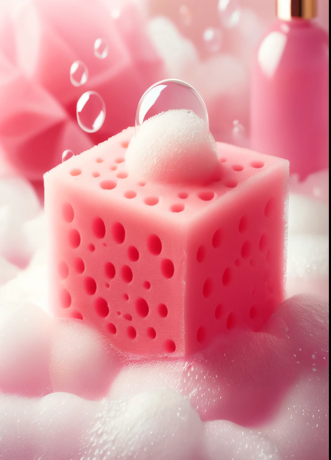 there a pink soap cube with bubbles on top of it, soap, soft 3D rendering, pele borbulhante, Fotografia do Produto 4K, Banho de espuma, product render, bolhas espumantes, dramatic product photography, pink water in a large bath, por Alexander Kucharsky, 3 d product render, exuberante, projetado no liquidificador, textura limpa e suave, satisfying render