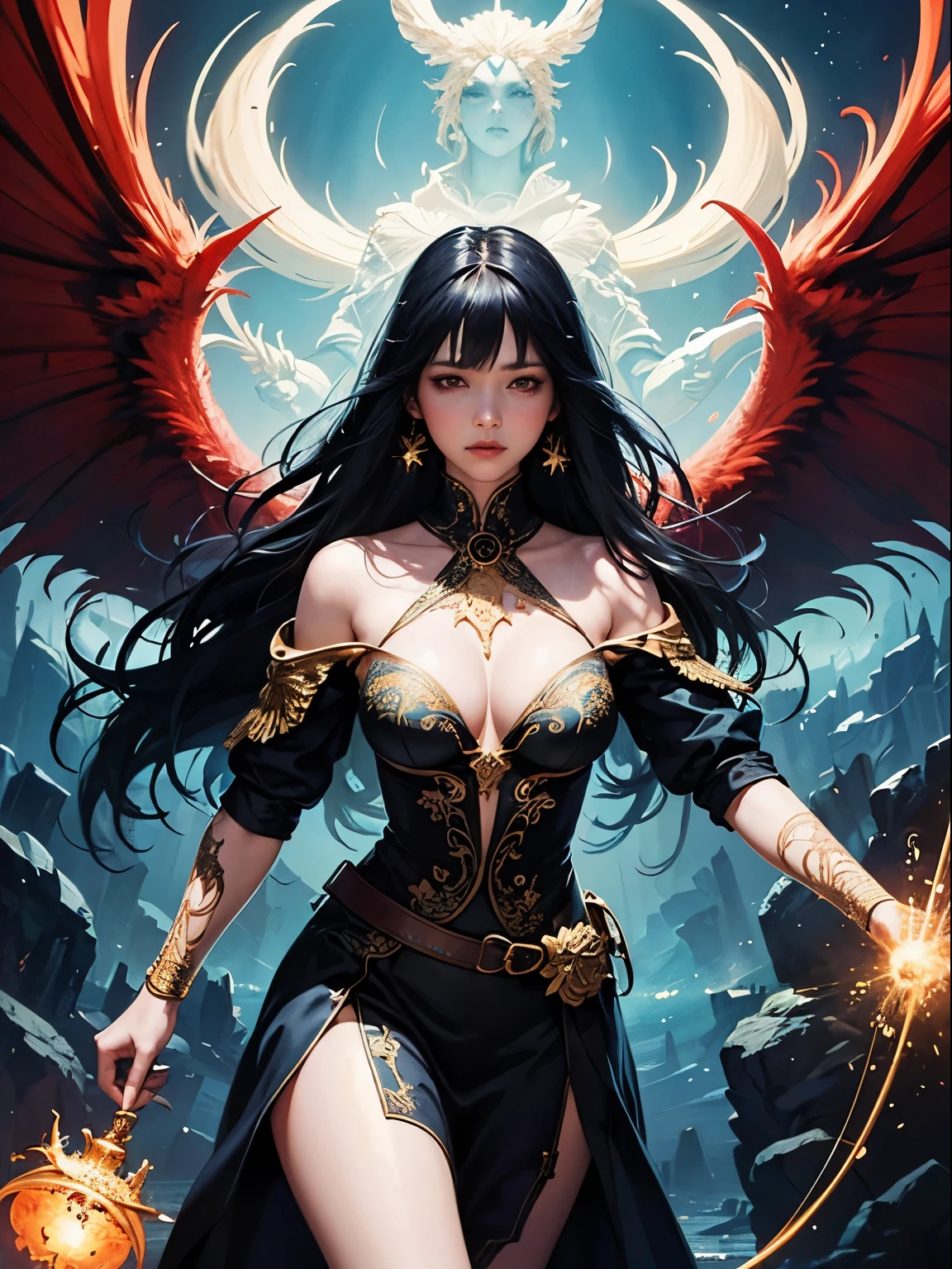 A brave superhero girl standing strong, fiery wings spread, hands glowing with magic, long hair flowing, wearing a white and gold armored dress, defending the planet from a colossal red demon emerging from flames in the background, cinematic lighting. official art, unity 8k wallpaper, ultra detailed, beautiful and aesthetic, masterpiece, best quality, (zentangle, mandala, tangle, entangle), (fractal art:1.3) , 1girl, extremely detailed, dynamic angle, cowboyshot, the most beautiful form of chaos, elegant, a brutalist designed, vivid colours, romanticism, by james jean, roby dwi antono, ross tran, francis bacon, michal mraz, adrian ghenie, petra cortright, gerhard richter, takato yamamoto, ashley wood, atmospheric, ecstasy of musical notes, streaming musical notes visible
