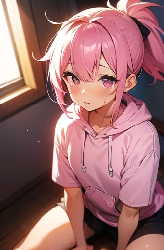 hoodie, ponytail, pink hair, pink eyes, freckles, wet, pussy, bedroom