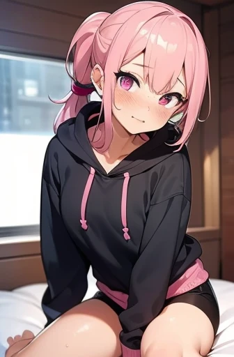 hoodie, ponytail, pink hair, pink eyes, freckles, wet, pussy, bedroom