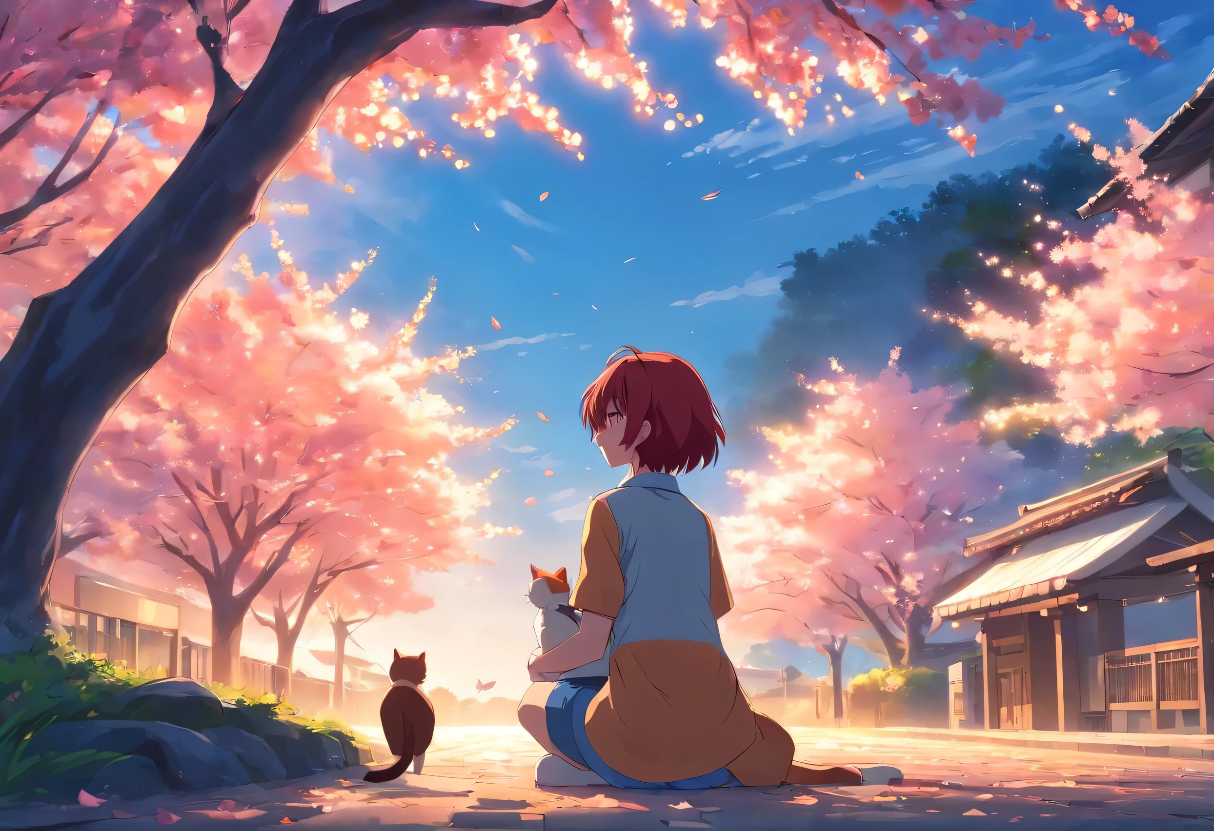 anime girl, red hair, under the cherry tree, hug a cat