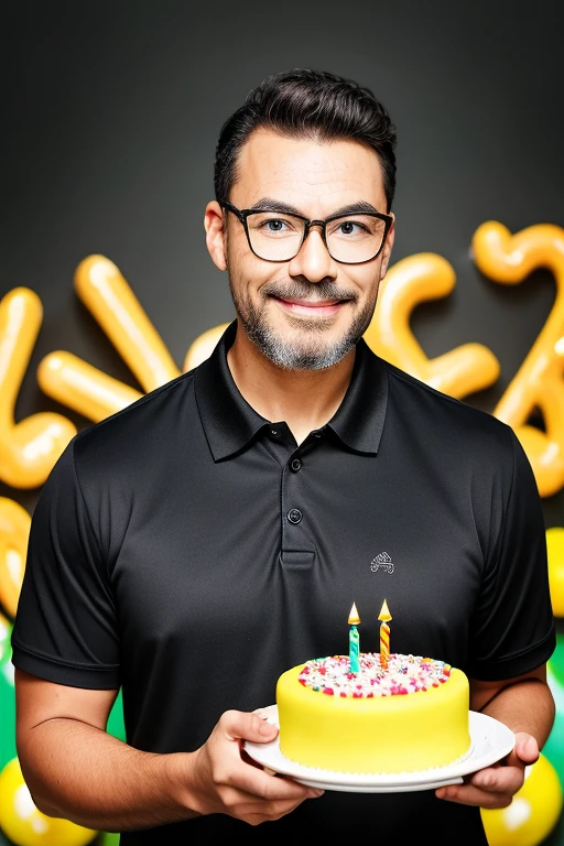 half-length portrait of a. man with glasses, black eyes, black polo shirt. He is holding a birthday cake. ((Yellow candy)). realistic and professional photography, clear face. blurred background. 8k,