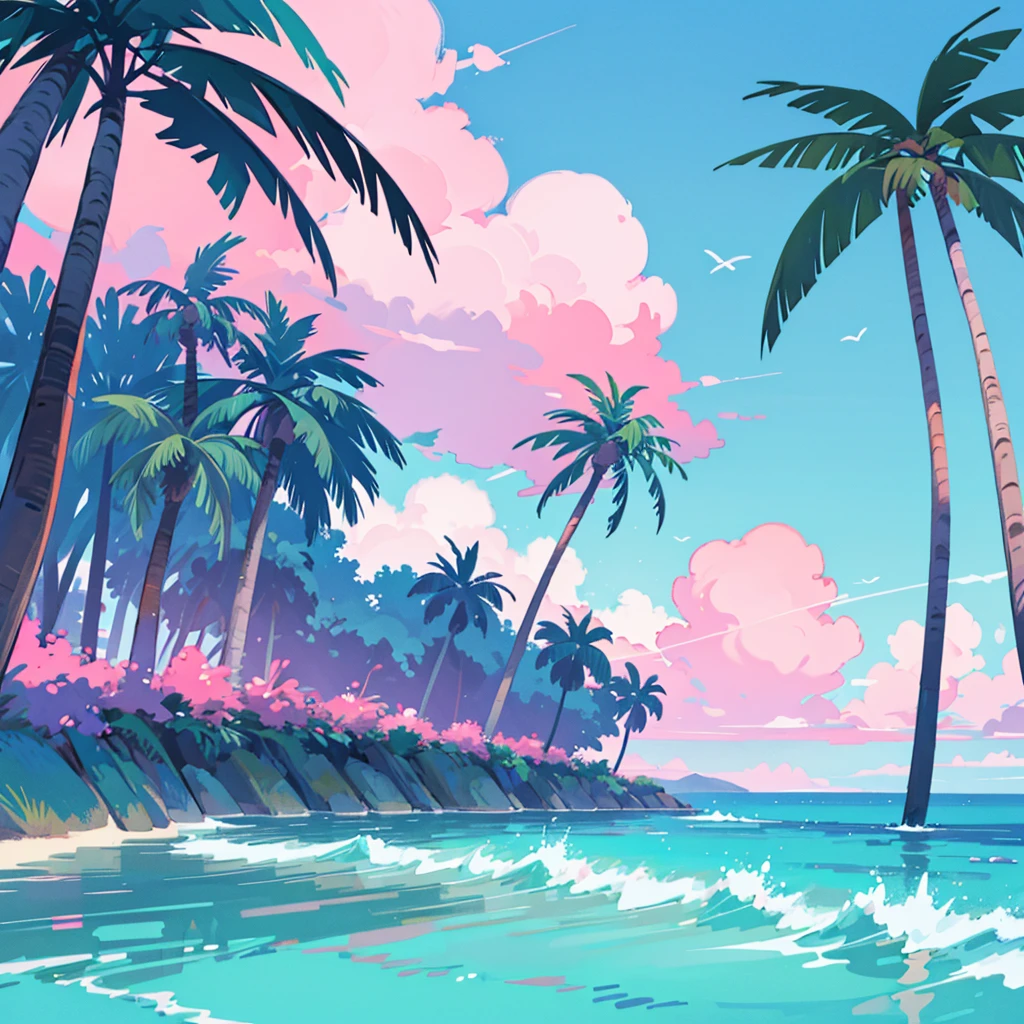 seaside, pink sky, palm tree, blue classic car, blue and pink neon