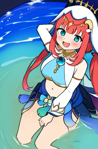 masterpiece、highest quality、disorganized、Nilu (flowerでも霧でもない) (Genshin)、aqua eyes、Nilu (Genshin)、Faux Horn、1girl、solo、redhead、veil、smile、long hair、crop top、jewelry、horn, night, Bracer, brooch, long sleeve, ふわふわしたlong sleeve, look at viewer, skirt, bangs, twin tails, water, fluffy sleeves, null, neck ring, open your mouth, :d, flower, harem outfit, gold trim, 別れたbangs、Arm up、chest、circlet、outdoor、青いskirt、hair ornaments、removed sleeve、ローtwin tails、floating hair、gem、髪のflower、青いgem、masterpiece、high resolution、highest quality、1girl Solo、Ayaka Kamisato、sitting、From above、looking at the camera、軽いsmile、water遊び、wet hair、night、Poolside、Japanese hot springs、woman stinks、fart、shyness、blush