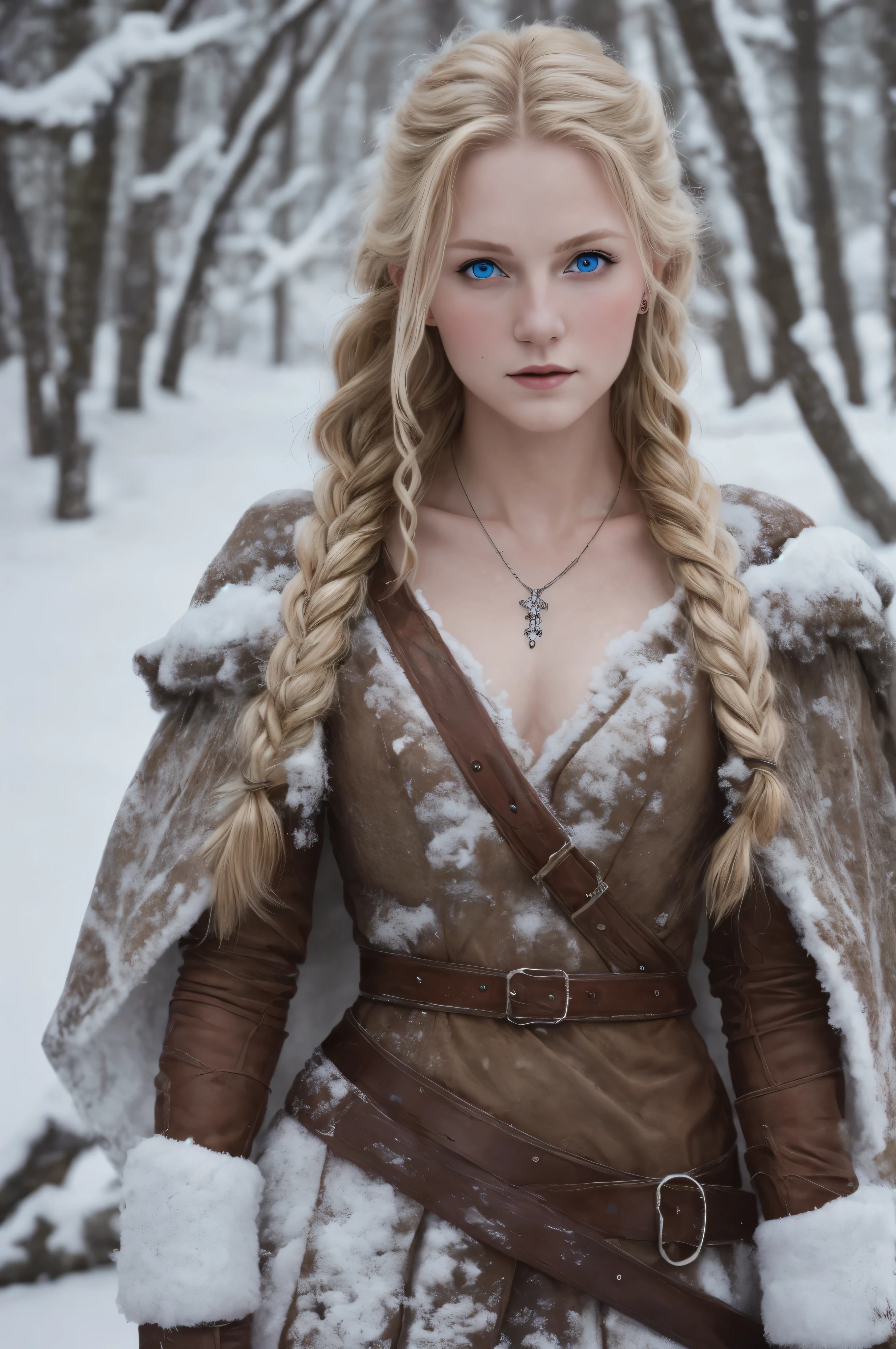 (Realistic:1.2), Analog Photography Style, Scandinavian warrior woman, fantastic snowy setting, braided blonde hair, whole body, Soft natural light, Cute and sexy, Pleasure, detailed face and blue eyes, Great quality, masterpiece, detailed northern background, Quality: 16K, raw photo