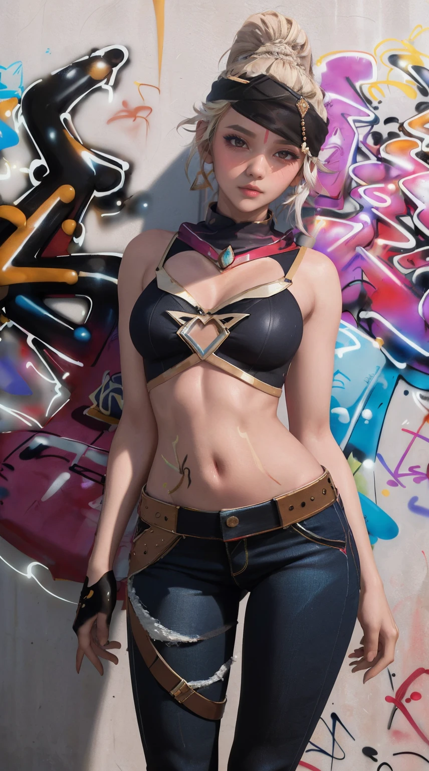 Nile River|Genshin Impact, masterpiece, best quality, 1 girl,25 years old, Proportional body, Lengthen the legs, beautiful, Proportional., crop top, short jeans, big bust, ,only, crop top, collar, (Graffiti:1.5), Splash with purple lightning pattern., arms behind back, against the wall, View viewers from the front., thigh strap, head tilt, boring,(National Science and Technology Development Administration.:1.2), (10, best quality, masterpiece: 1.4), beautiful red hair, ultra high resolution, (lifelike, lifelike的肖像: 1.48), 20 years old, cute girl, (View through crop top.), Famous actor of the Japan, beautiful and clear eyes, head tilt, cowboy shooting, from the front, looking at the audience, Poker face, beautiful lake, Zeiss 150mm f/ 2.8 Hasselblad,  whole body, foot, super wide angle,