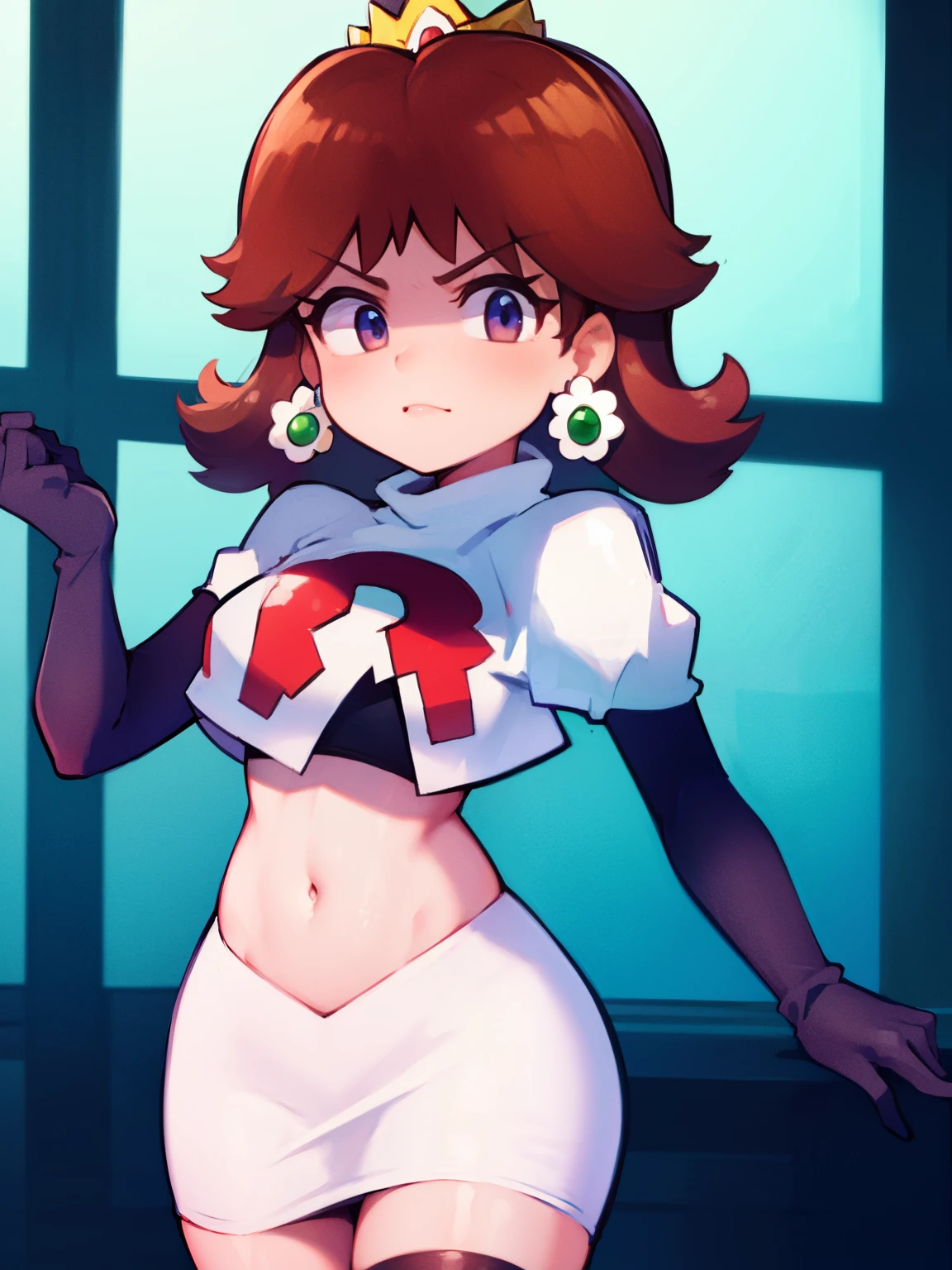 princess_daisy, brown hair ,earrings ,team rocket,team rocket uniform, red letter R, white skirt,white crop top,black thigh-highs,black elbow gloves