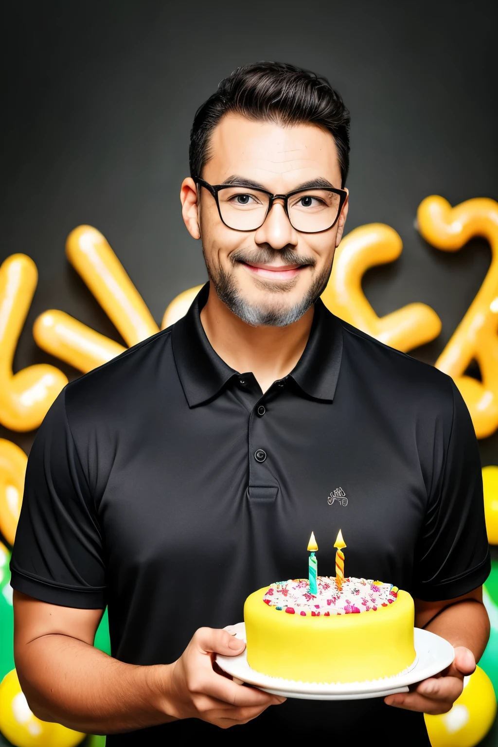 half-length portrait of a. man with glasses, black eyes, black polo shirt. He is holding a birthday cake. ((Yellow candy)). realistic and professional photography, clear face. blurred background. 8k,