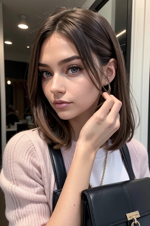 Belle fille, Marron_eyeeautiful mince adolescente de 18 ans, cheveux color [Brown highlights cheveux], [Pixie undercut] cheveux)), boucles d’oreilles, lèvres, Réaliste, taille étroite, charmant, pink lèvrestick, maquillage coloré, Cils longs, boucles d’oreilles, porter de l’eye-liner, peau claire, (mignon), (face détaillée), Yeux détaillés, Iris détaillé, corp magnifique, à Paris, Portez des vêtements élégants, Elle tenait un sac à main à la main, toit de paris