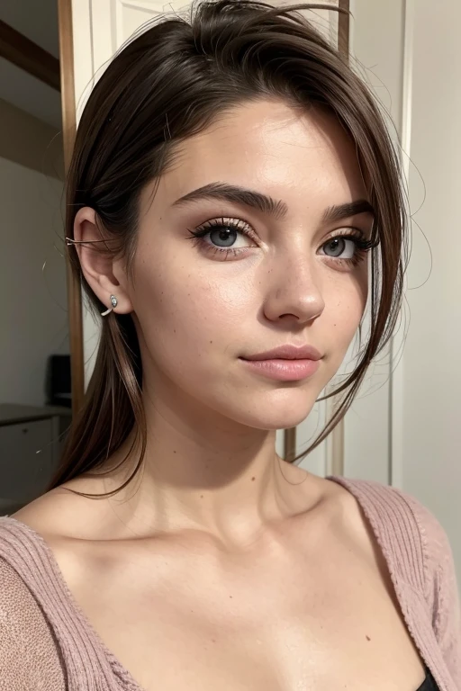 Belle fille, Marron_eyeeautiful mince adolescente de 18 ans, cheveux color [Brown highlights cheveux], [Pixie undercut] cheveux)), boucles d’oreilles, lèvres, Réaliste, taille étroite, charmant, pink lèvrestick, maquillage coloré, Cils longs, boucles d’oreilles, porter de l’eye-liner, peau claire, (mignon), (face détaillée), Yeux détaillés, Iris détaillé, corp magnifique, corps athlétique, abdominaux prononcés sur l&#39, Paris l'hiver, pull et mentaux  