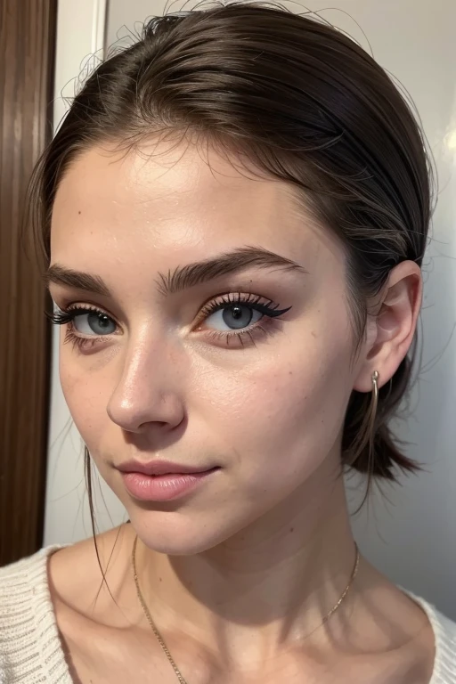 Belle fille, Marron_eyeeautiful mince adolescente de 18 ans, cheveux color [Brown highlights cheveux], [Pixie undercut] cheveux)), boucles d’oreilles, lèvres, Réaliste, taille étroite, charmant, pink lèvrestick, maquillage coloré, Cils longs, boucles d’oreilles, porter de l’eye-liner, peau claire, (mignon), (face détaillée), Yeux détaillés, Iris détaillé, corp magnifique, corps athlétique, abdominaux prononcés sur l', Paris l'hiver, pull et mentaux  