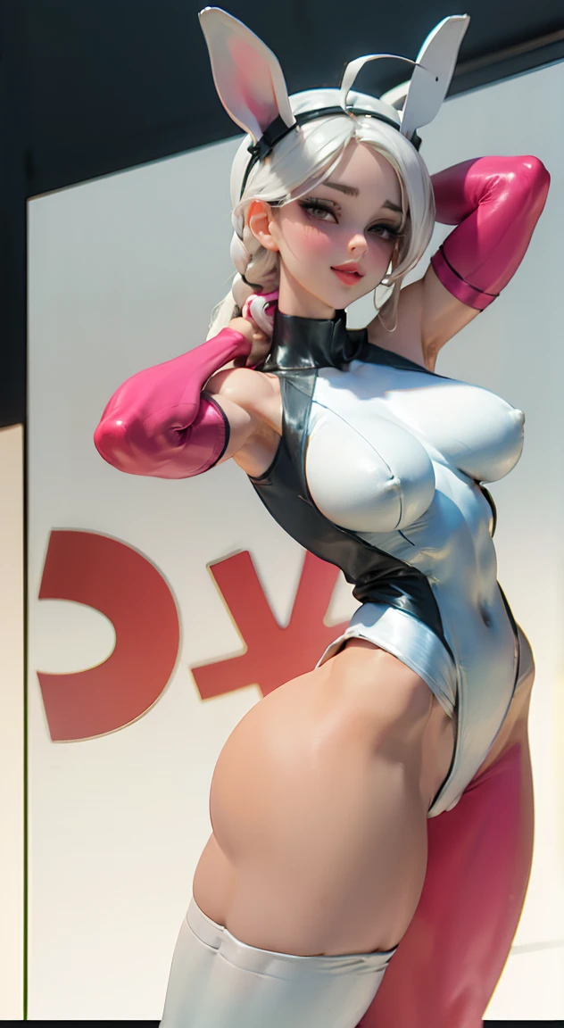 highres, realistic 1girl, (like Tatiana Badiu & sunnyrayyxo), (solo), (Mirko) in cammy_white_(cosplay), rabbit_girl, ((dark_skin)), red_eyes, ((white_hair)), very_long_hair, long_eyelashes, ((large_???????)), (huge saggy ???????), curvy muscular, ???? body, stunning ????, underbust, abs, covered_abs, curvy, ((thick_thighs)), thighs, toned, smile, teeth, upper_teeth_only, body paint (white_leotard body paint), ((highleg, highleg_leotard, taut_leotard)), blue_gloves, blue_headwear, beret, hat, ?????_strap, (thigh_strap), thigh_holster, holster, camouflage, bodypaint, gloves, ((sleeveless_turtleneck_leotard)), braid, twin_braids, low_twin_braids, ahoge, huge_ahoge, (looking_at_viewer, hands_up, rabbit_pose, armpits), ????_shoulders, ((???_visible_through_thighs)) (?????????????, rabbit_ears)
