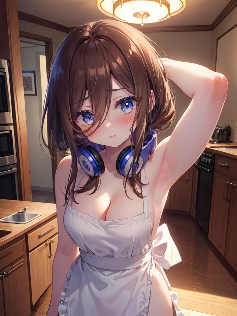 masterpiece, highest quality, 1 girl, (whole body), Miku, (brown hair), shy, (long eyelashes beautiful makeup), naked apron,barefoot,indoor,kitchen,blush,Hold your chest between your arms to create a cleavage,slouch,peek from below