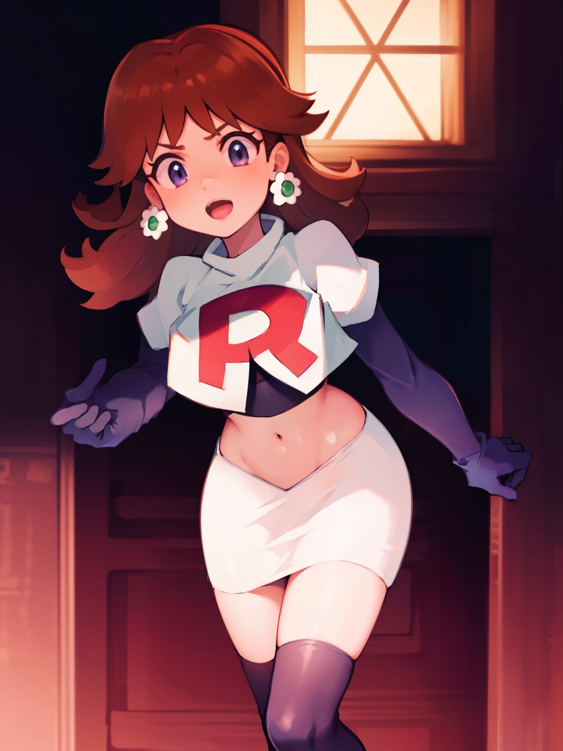 princess_daisy, brown hair ,earrings ,team rocket,team rocket uniform, red letter R, white skirt,white crop top,black thigh-highs,black elbow gloves