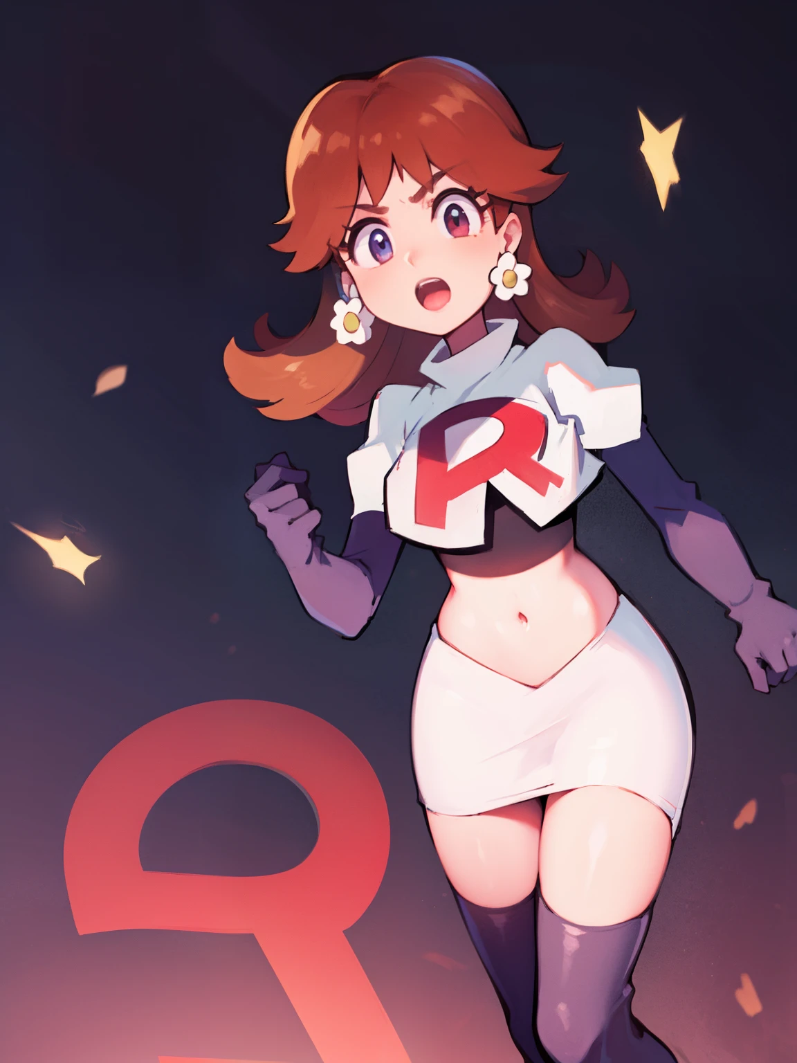 princess_daisy, brown hair ,earrings ,team rocket,team rocket uniform, red letter R, white skirt,white crop top,black thigh-highs,black elbow gloves