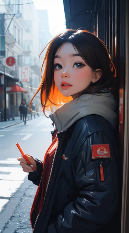 Vivid colors, soft focus, light leakage, dreamy winter atmosphere, experimental charm, retro appeal BREAK color field painting, wide colors, abstract expressionism, bold tones, emotional impact, atmospheric depth, minimalist approach BREAK, beautiful girl, UHD (Ultra Detail) Viewer observes wearing street clothes in hip hop style, different, colorful, long, dyed brown hair 🌈, bright padded clothing, white stardust on dark areas, outrageous, high resolution, very detailed, (1 woman : 1.3), vivid colors, soft focus, light leakage, dream-like atmosphere,
