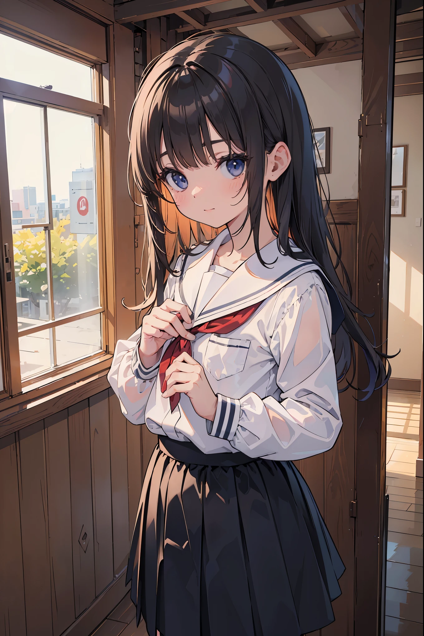 Realistic, Photorealistic, Detailed, Beautiful, RAW Photo, Film Grain, (Natural Light, Perfect Lighting: 1.5), Cowboy Shot, Wrinkled Skin, Daytime, Beautiful, Toddler, Japanese, ( Photo of a high school girl, ), clear face, shy blush, slight smile, ((flat chest: 0.9)), messy school uniform, school skirt, underdress, perfect lighting, bangs, pose, Skinny, school route