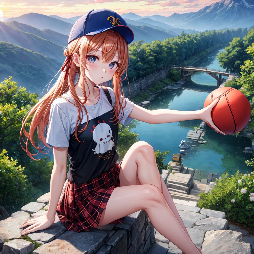 Red-blonde、blue hair、blue eyeraid、one good looking girl、solo、anime、Plaid miniskirt、black t-shirt、camisole、forest、sitting、Wearing a plaid baseball cap、Tilting your face、Doing the ribbon、sunset sky、stone bridge、stone stairs、petal、A small bird  flying、big tree、tunnel、Bang、stretching one&#39;s back、Fallen leaveixing glasses、Overlooking view