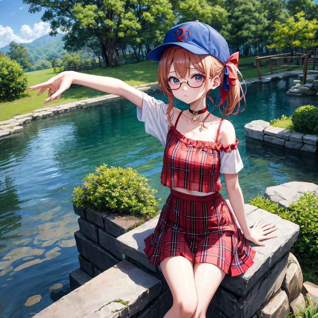 Red-blonde、blue hair、blue eyeraid、one good looking girl、solo、anime、Plaid miniskirt、black t-shirt、camisole、forest、sitting、Wearing a plaid baseball cap、Tilting your face、Doing the ribbon、sunset sky、stone bridge、stone stairs、petal、A small bird  flying、big tree、tunnel、Bang、stretching one&#39;s back、Fallen leaveixing glasses、Overlooking view