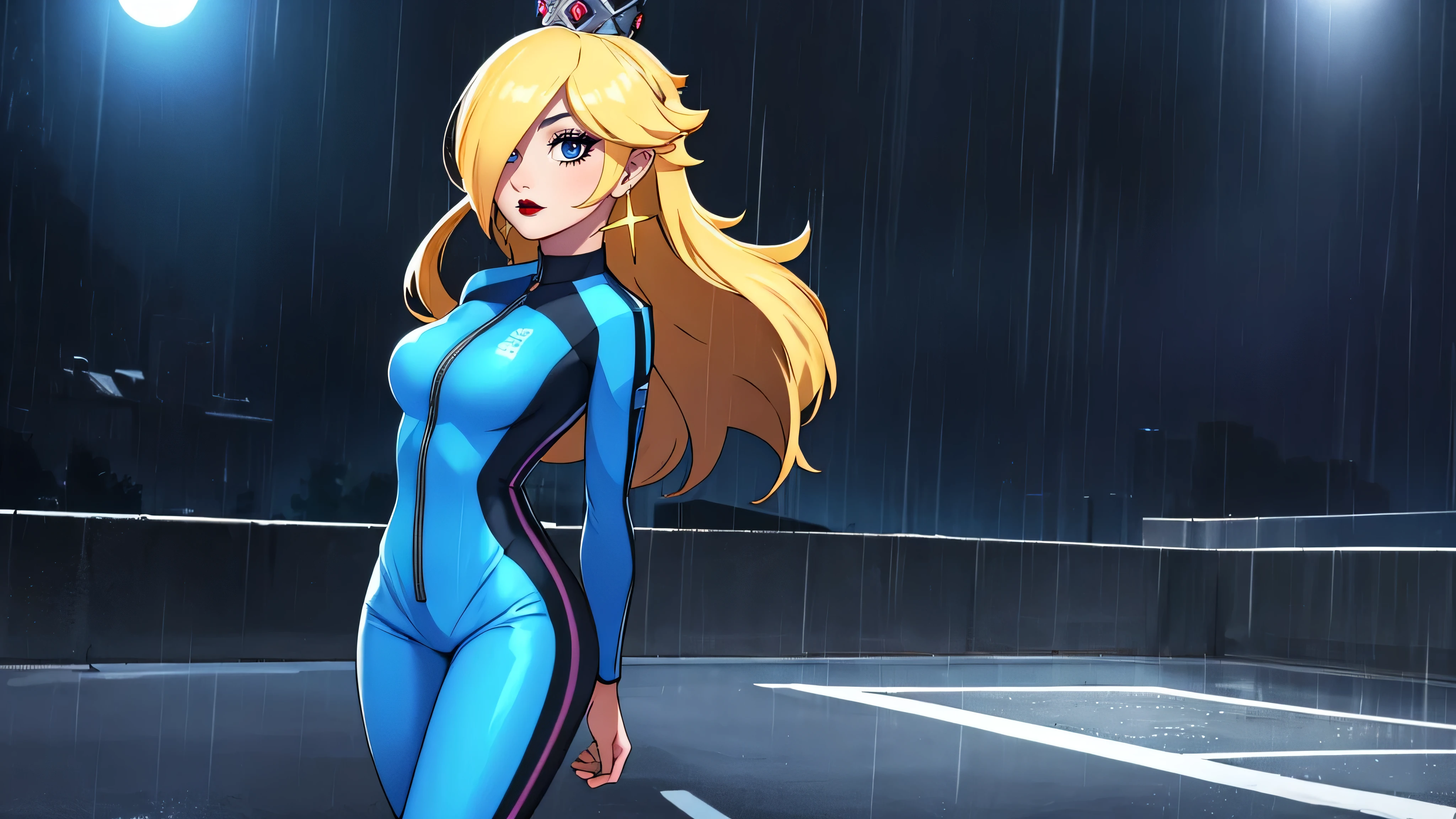 ((high detailed, best quality, 4k, masterpiece, hd:1.3)), BREAK rainy night, moonlight, landscape, it's raining, raining, a full-length shot of Rosalina standing posing under the rain, BREAK neon blue eyes, seductive, attractive, sexy smile, smiling, smooth anime cg art, 36C breasts, (long fitness legs), vivid colors, detailed digital art, slim body, perfect skin, wet blonde hair, wet long hair, wet hair, BREAK crown, BREAK looking at viewer, extremely detailed face, (blue jumpsuit), (Jumpsuit:1.5), (blue racing suit), (racing suit:1.5), (blue high heels), full body, earrings, gem, dark gothic eyeshadows, dark eyeshadows, black eyeshadows, black_sexy_lips, black lips, dark lips, gothic painted lips, dark_red_lips, very dark lips, red_painted_lips, (very thin lips), thin lips, detailed lips, (dark:1.2), (perfect hands, perfect anatomy), black makeup, detailed fingers, five fingers per hand, 5 fingers, (1 girl), (solo:1.3), (arms behind back:1.3),