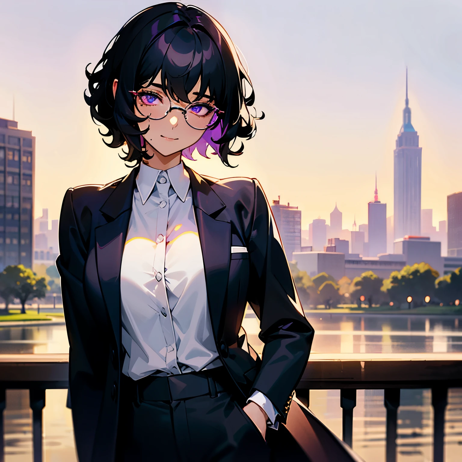 1 girl, black curly hair, short hair, glowing violet eyes, mole under the eye, tanned skin, Large round glasses, white shirt, black work trousers, Black Fitted Blazer, calm expression face, mouth closed, cheeky smile, Squinted gaze, city park on the background, Sundown, soft lighting.