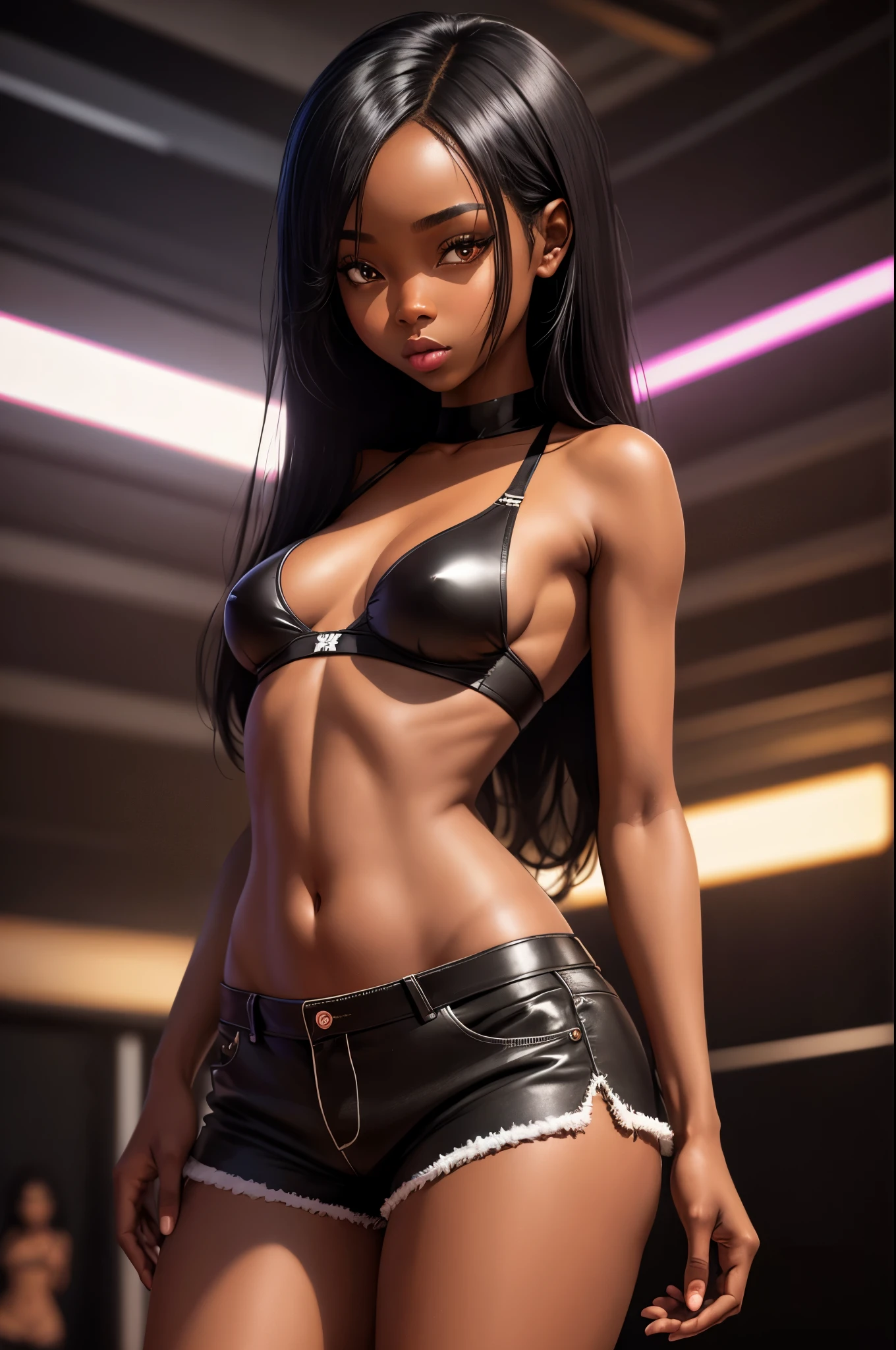 ebony human woman, naked, small breasts, standing in a night club, long straight black hair, bra, panties, crop top, shorts