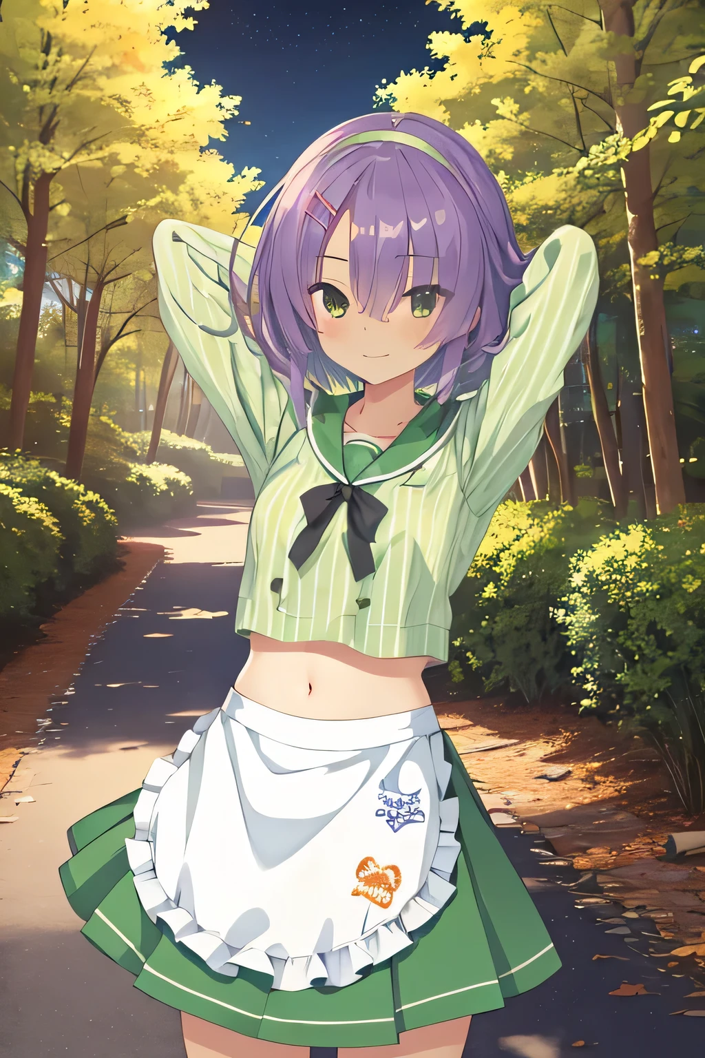 16k, highres, masterpiece, best quality,
cinematic film still,
closed_mouth, night sky, forest, arms behind head, spread armpits, midriff, contrapposto, cowboy shot, smile, shy,
1girl, hmi, short_hair, small breasts, hair_over_one_eye, hairclip, tan striped, green dress, skirt, white apron, hairband,,
shallow depth of field, vignette, highly detailed, high budget, bokeh, cinemascope, moody, epic, gorgeous,
film grain, grainy,