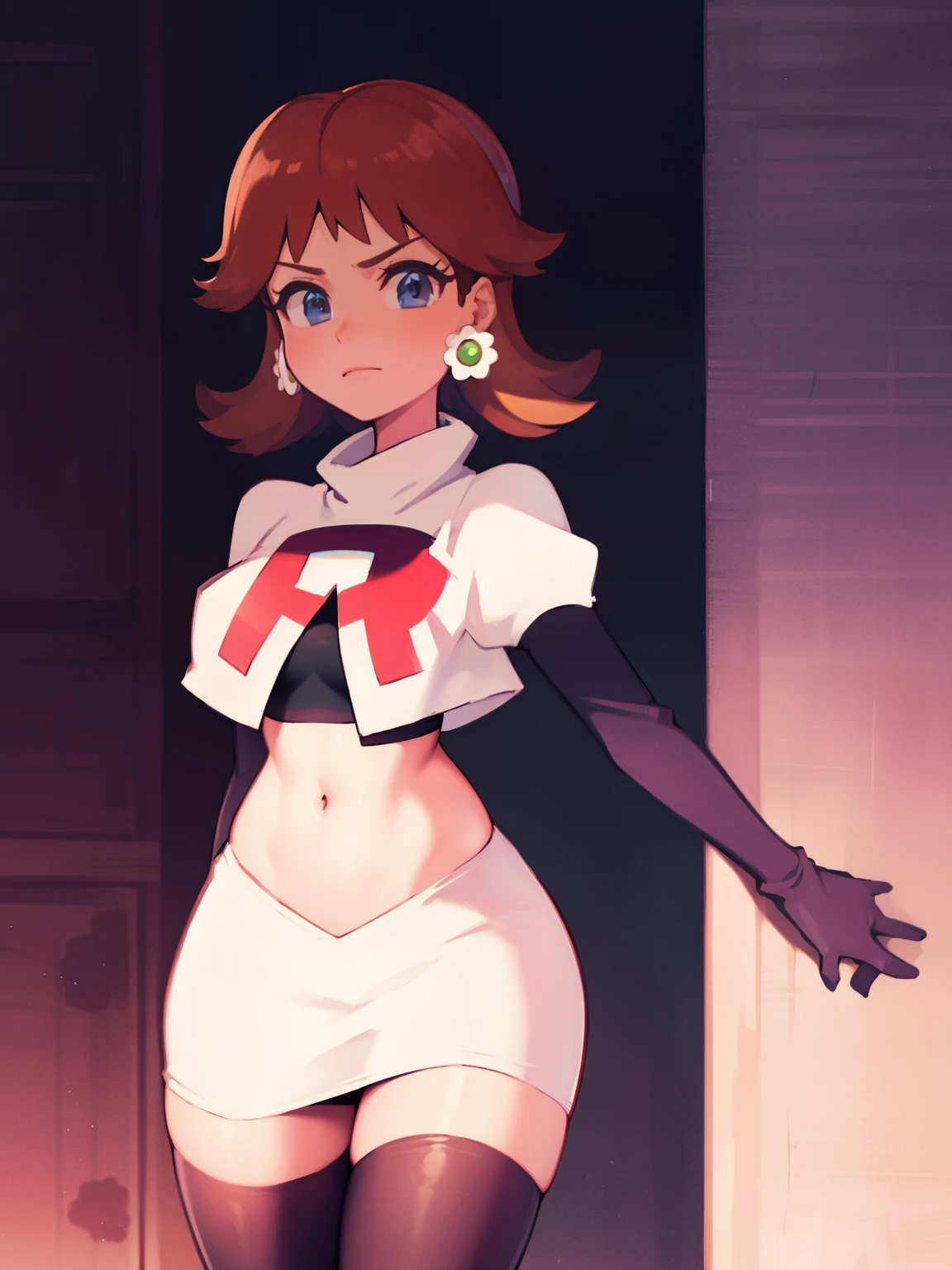 princess_daisy, brown hair ,earrings ,team rocket,team rocket uniform, red letter R, white skirt,white crop top,black thigh-highs,black elbow gloves