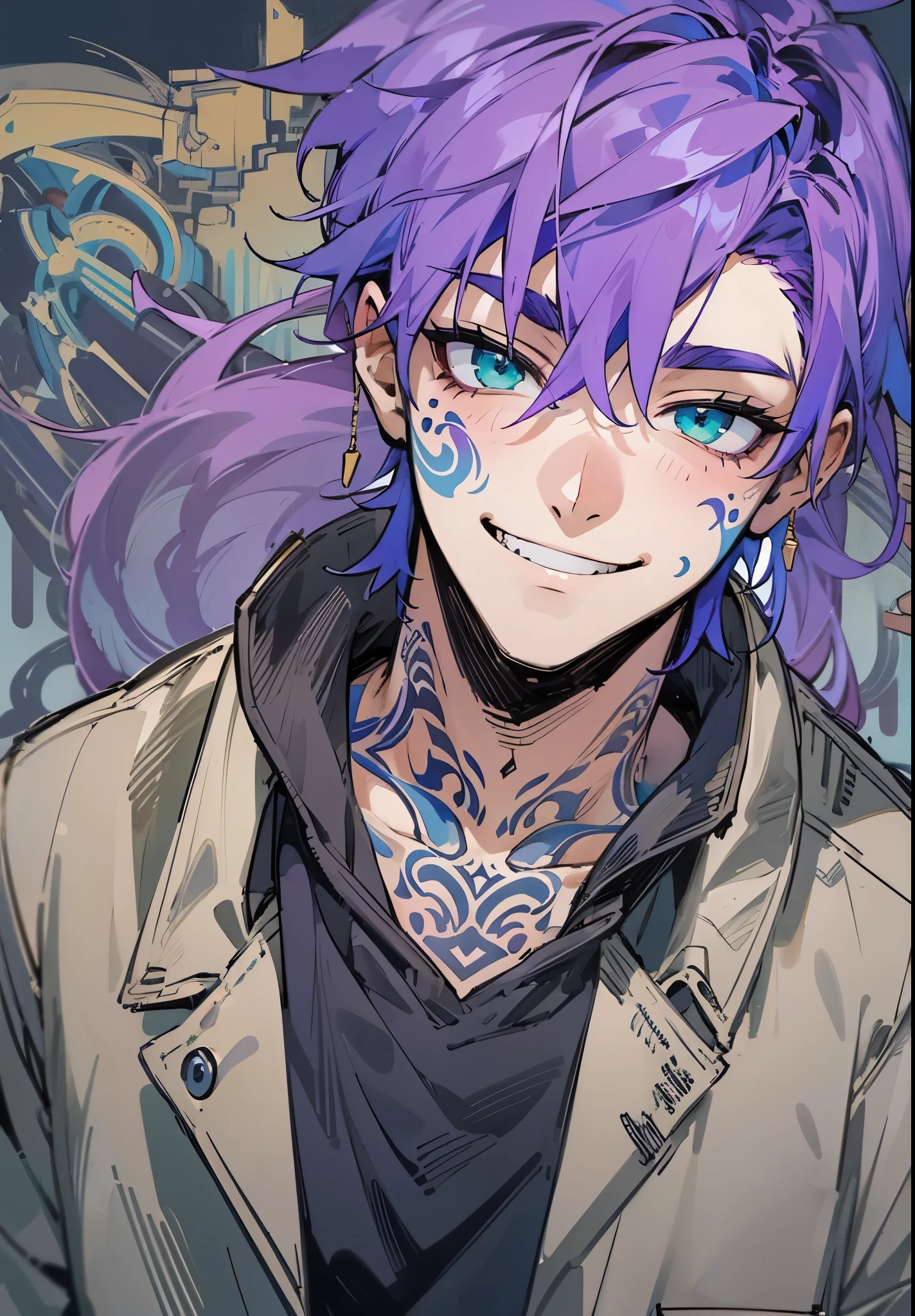 1male, , black pants, purple hair, smirk, blue and Green eyes, Blue tattoos, shirt, overcoat