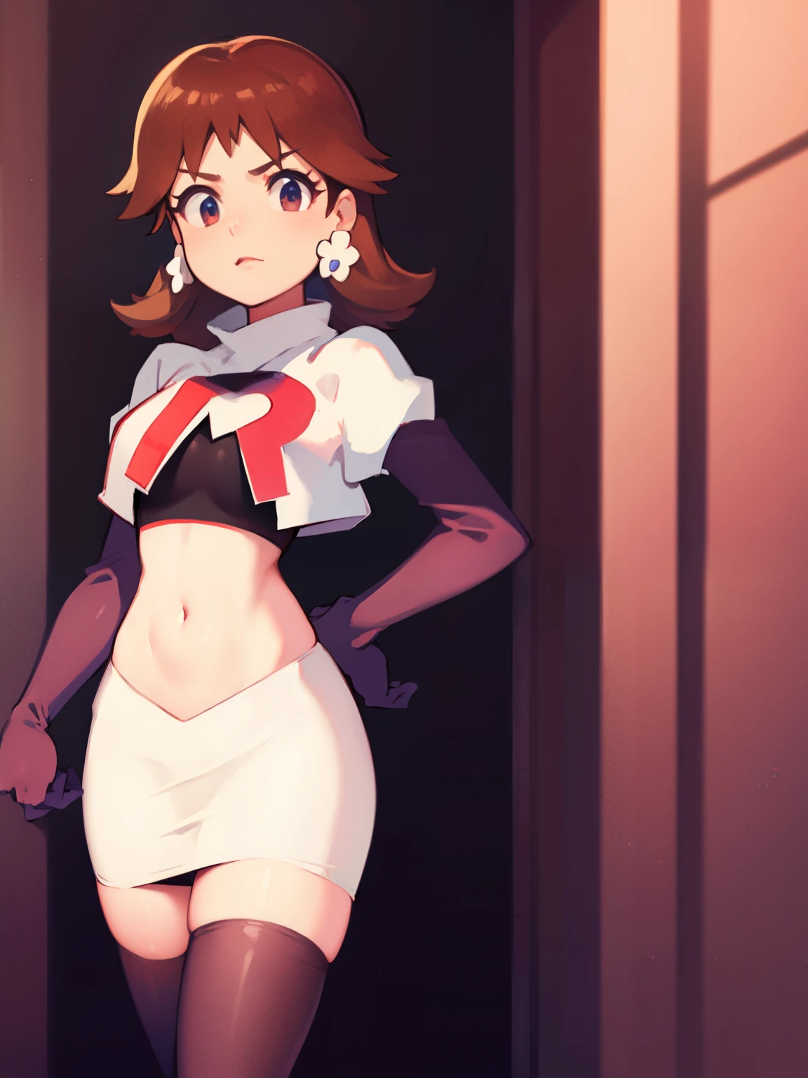 princess_daisy, brown hair ,earrings ,team rocket,team rocket uniform, red letter R, white skirt,white crop top,black thigh-highs,black elbow gloves