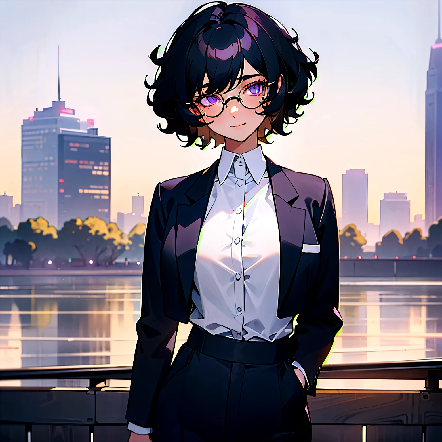 1 girl, black curly hair, short hair, glowing violet eyes, mole under the eye, tanned skin, Large round glasses, white shirt, black work trousers, Black Fitted Blazer, calm expression face, mouth closed, cheeky smile, Squinted gaze, city park on the background, Sundown, soft lighting.