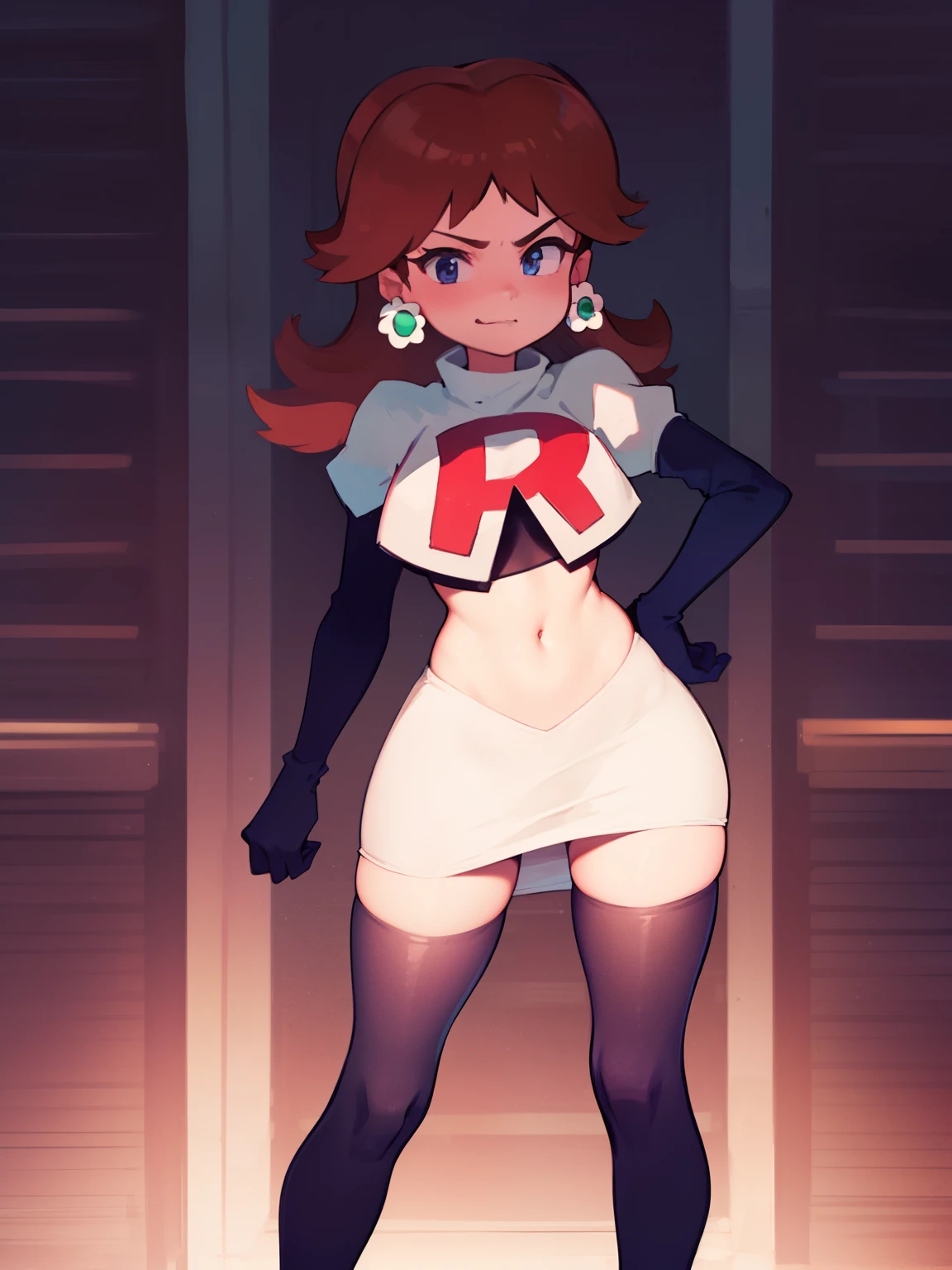 princess_daisy, brown hair ,earrings ,team rocket,team rocket uniform, red letter R, white skirt,white crop top,black thigh-highs,black elbow gloves