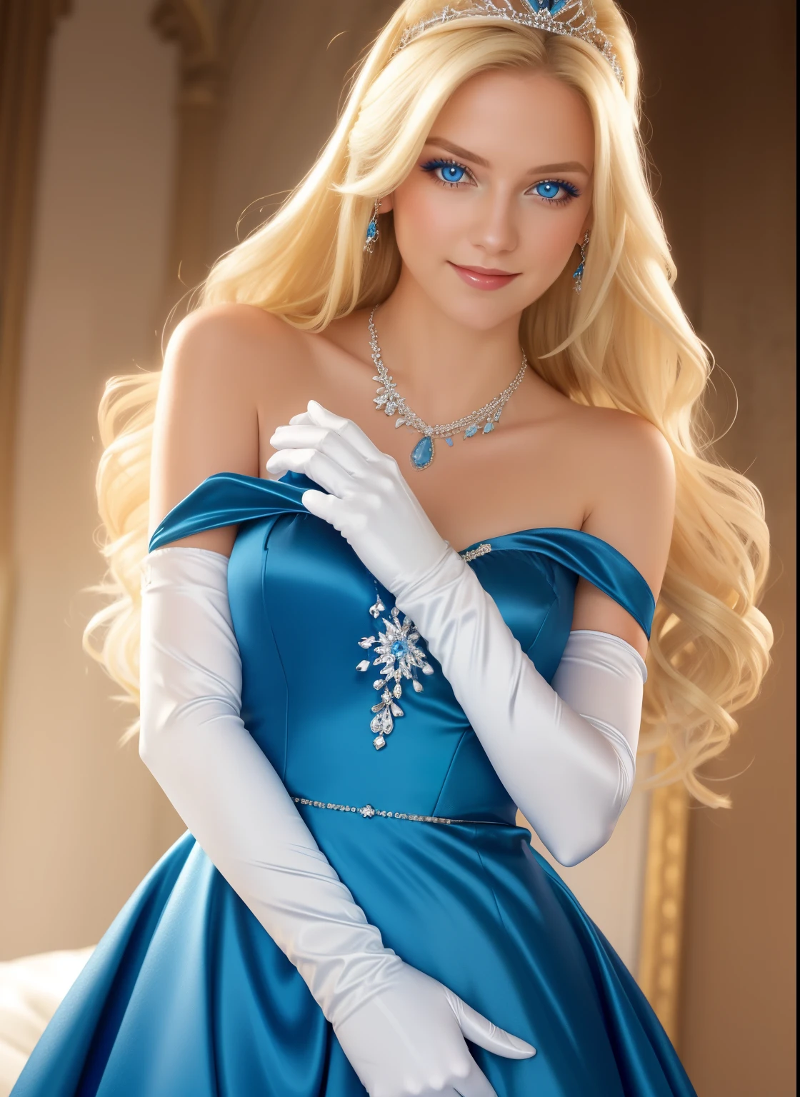  1girl, solo, long hair, smile, blonde hair, gloves, blue satin dress, jewelry, white satin gloves, long white satin elbow gloves, necklace, blue eyes, makeup, tiara, eyeshadow, sexy poses