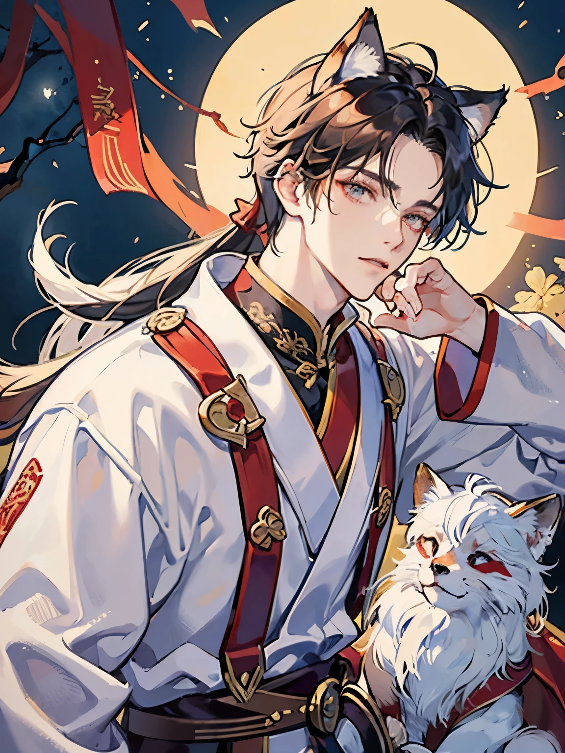 master piece,need,male,Chinese style,中国Ancient,white hair,messy hair,white long hair,with long bangs,good looking,maleらしい,kindness,big tall,quiet,red robes,exterior,cloak,High hills,snow, youth,Ancient,masterpiece,need,leprechaun,Red fox,animal ears,good looking guy,brunette hair,hair scattered,dark hanfu,Cool Handsome、