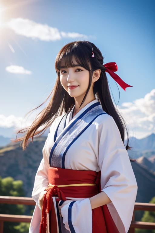 masterpiece, highest quality,1 girl, red bow, bow, long hair, hair bow, Ainu attire, alone, hair band, bird, black hair, fingerless gloves, short sleeve, gloves, sash, pants, bangs, red hair band, arms, chest, brown eyes, white pants, kimono, Nakoruru, light smile, official art, good composition, Official Pose, detailed portrait, portrait, Bokeh, Clouds and mountains background, warrior, Onmyoji style, High resolution, Dramatic lighting and shadows, solar flare, blurred foreground