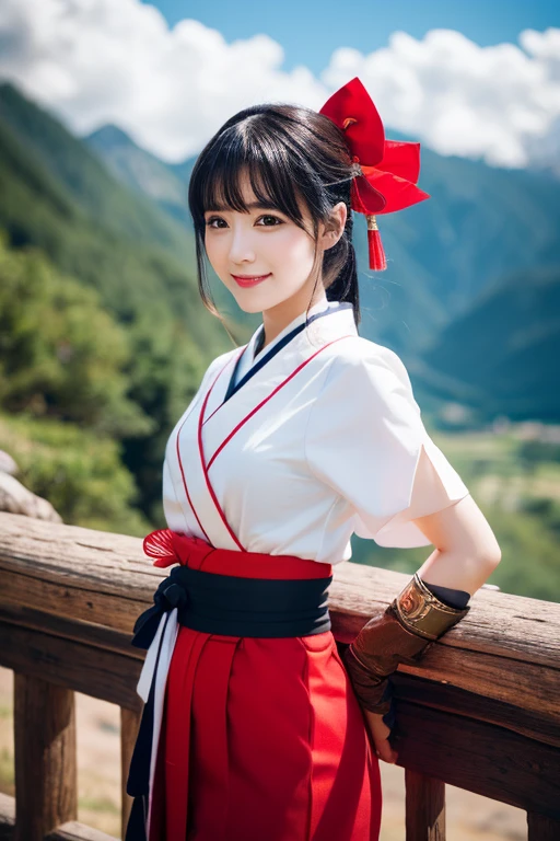 masterpiece, highest quality,1 girl, red bow, bow, long hair, hair bow, Ainu attire, alone, hair band, bird, black hair, fingerless gloves, short sleeve, gloves, sash, pants, bangs, red hair band, arms, chest, brown eyes, white pants, kimono, Nakoruru, light smile, official art, good composition, Official Pose, detailed portrait, portrait, Bokeh, Clouds and mountains background, warrior, Onmyoji style, High resolution, Dramatic lighting and shadows, solar flare, blurred foreground