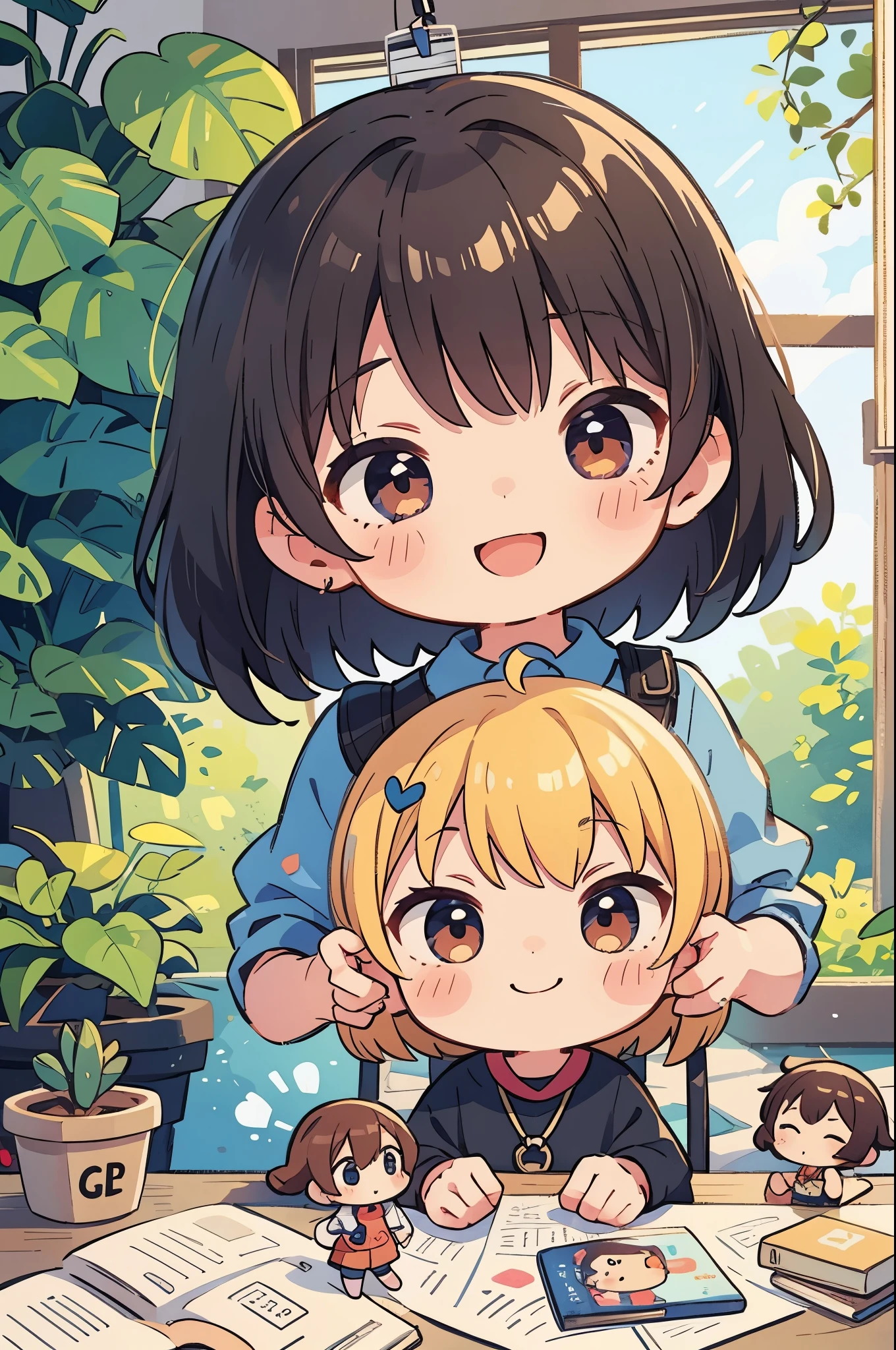 Keychain with a doll on the table、Nendoroid、Chibi Girl、smile、female explorer mini cute girl