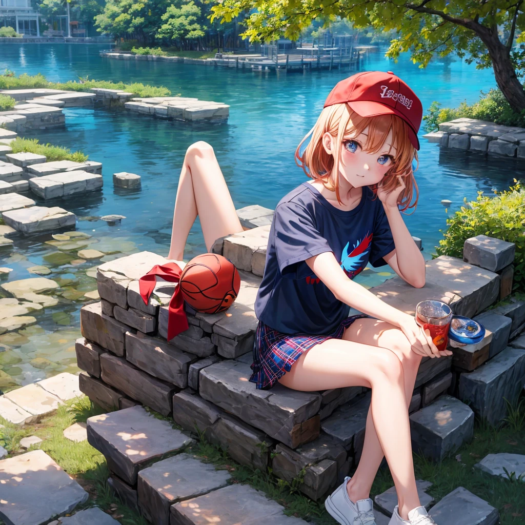 Red-blonde、blue hair、blue eyeraid、one good looking girl、solo、anime、Plaid miniskirt、black t-shirt、camisole、forest、sitting、Wearing a plaid baseball cap、Tilting your face、Doing the ribbon、sunset sky、stone bridge、stone stairs、petal、A small bird  flying、big tree、tunnel、Bang、stretching one&#39;s back、Fallen leaveixing glasses、Overlooking view