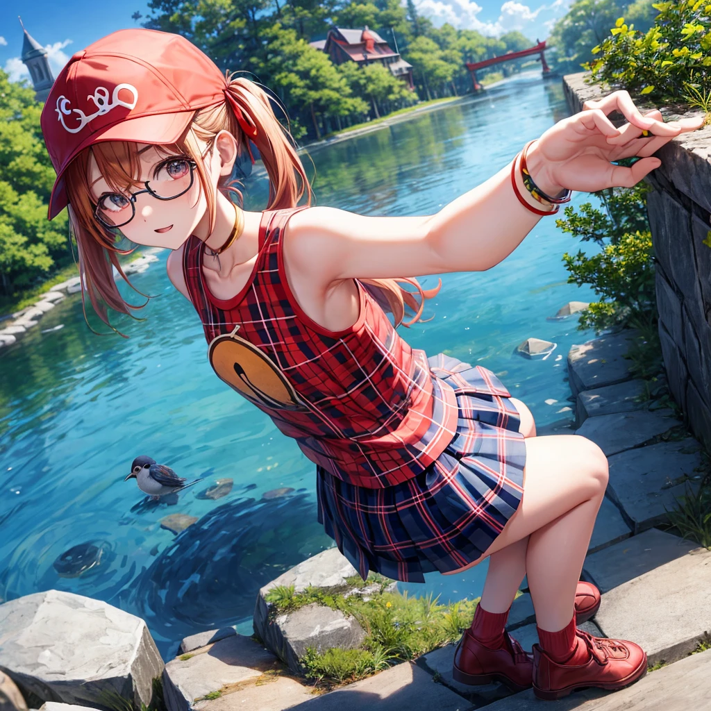 Red-blonde、blue hair、blue eyeraid、one good looking girl、solo、anime、Plaid miniskirt、black t-shirt、camisole、forest、sitting、Wearing a plaid baseball cap、Tilting your face、Doing the ribbon、sunset sky、stone bridge、stone stairs、petal、A small bird  flying、big tree、tunnel、Bang、stretching one&#39;s back、Fallen leaveixing glasses、Overlooking view