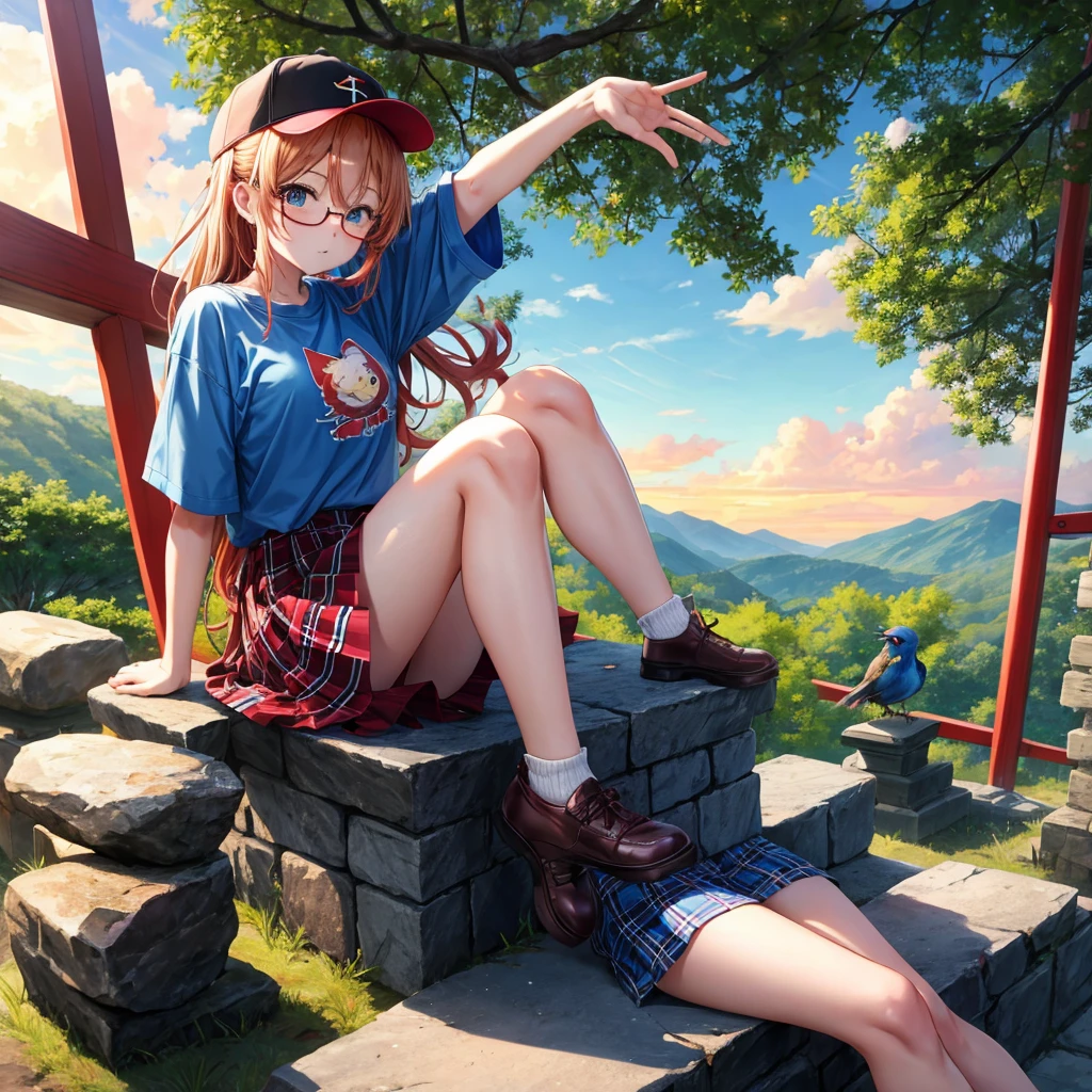 Red-blonde、blue hair、blue eyeraid、one good looking girl、solo、anime、Plaid miniskirt、black t-shirt、camisole、forest、sitting、Wearing a plaid baseball cap、Tilting your face、Doing the ribbon、sunset sky、stone bridge、stone stairs、petal、A small bird  flying、big tree、tunnel、Bang、stretching one&#39;s back、Fallen leaveixing glasses、Overlooking view