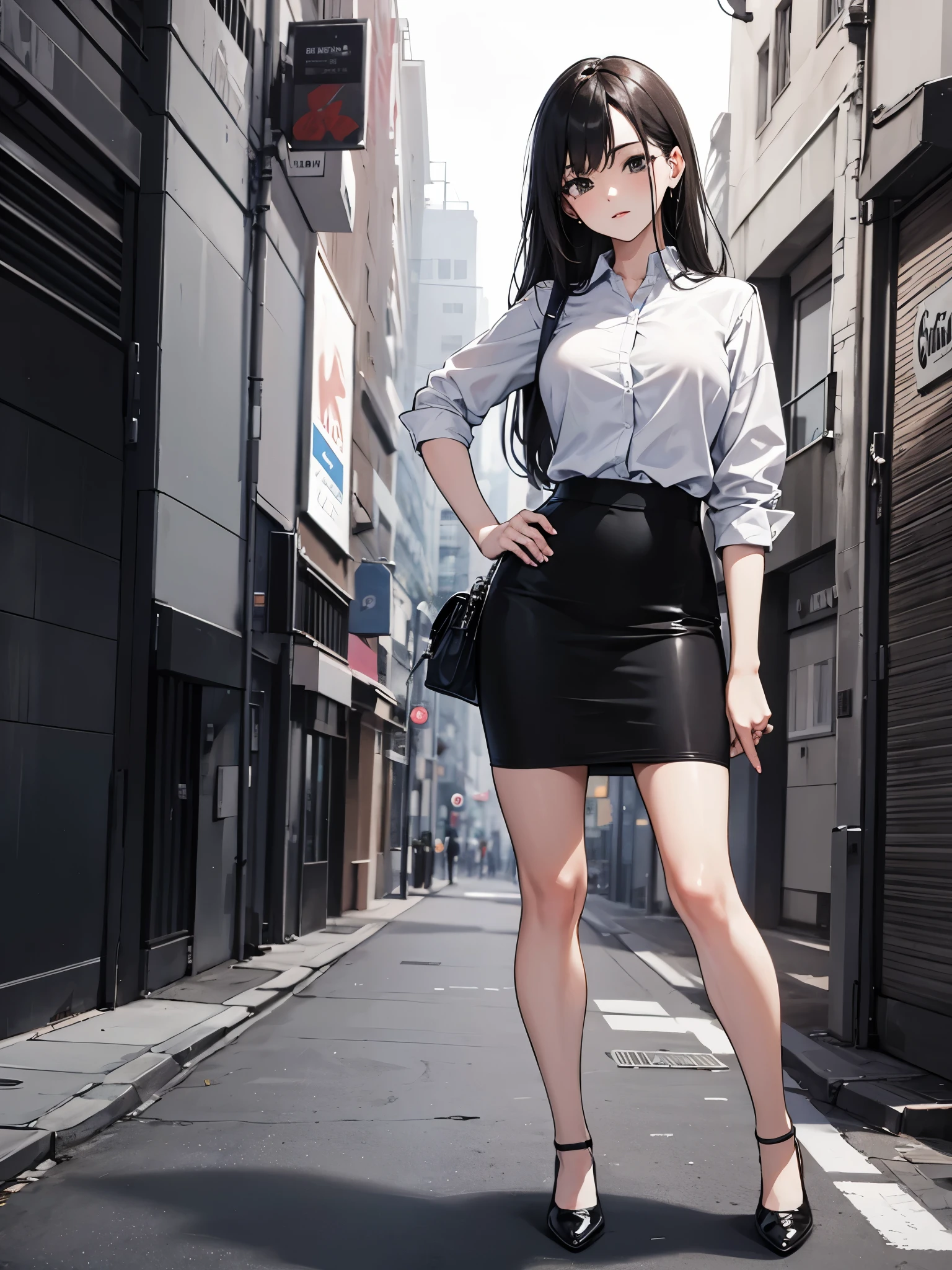 1girl, office lady, pencil skirt, miniskirt, bare legs, shoes, standing, solo focus, hands on hip, full body shot, mature lady