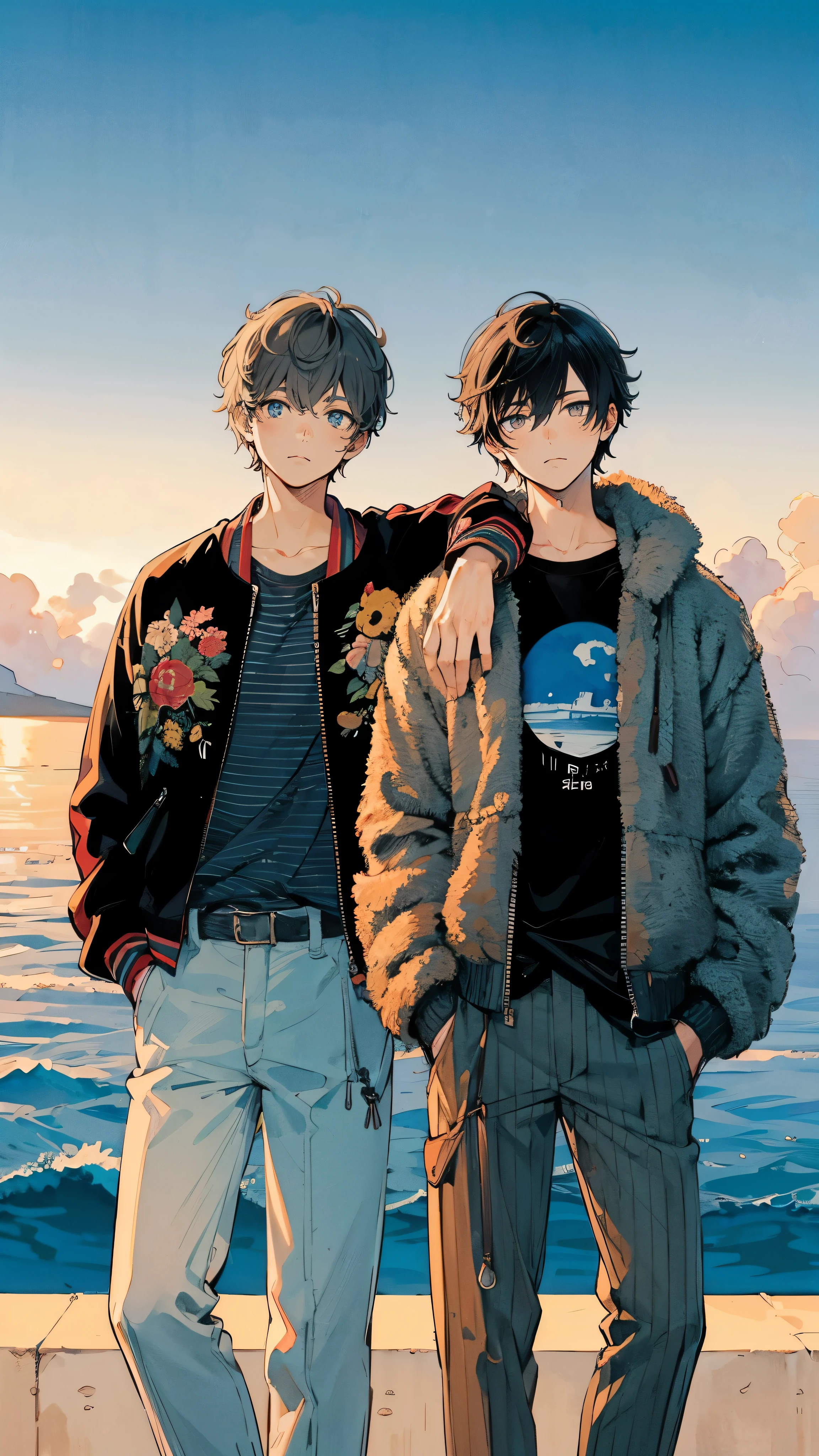 Two young men are standing on the shore at sunset. The man on the left is wearing blue pants and a black jacket with red and yellow embroidery。. The man on the right、He wears a black T-shirt with a blue planet graphic on it and dark gray pants.。. Both are wearing fluffy teddy coats.. The man on the left is short, curly hair, The man on the right肩までの長さの髪をしています. they are standing nearby, Look directly at the camera.Japanese anime, clear line drawing, transparent watercolor, clear shading, high quality, Amount to draw, pixiv illustration