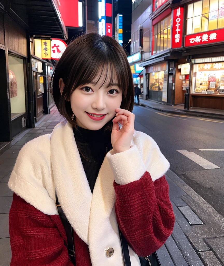 Japan Solo Women、Scene on a date、(Highest image quality、master piece、realistic、Raw photo)、Photo from the companion's perspective、short bob cut、Japanese urban areas in winter、accessories、Looks like a fun atmosphere、red cheeks、A happy smile