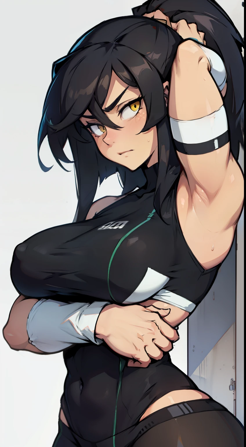 muscular girl thick breasts black hair yellow eyes pale skin best quality sad frown